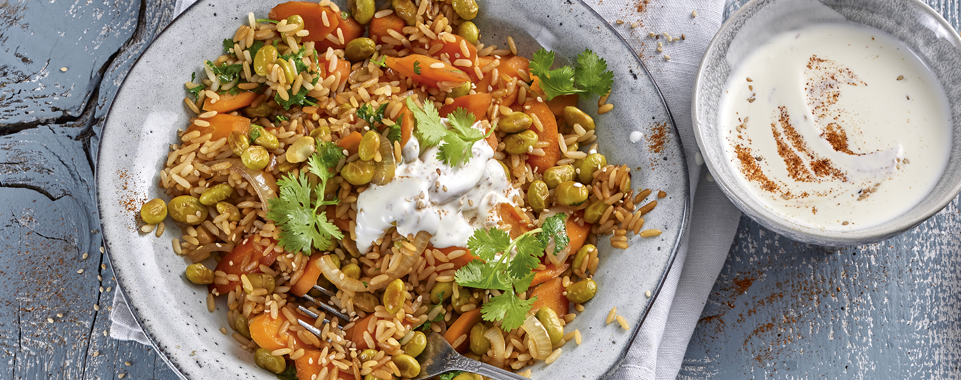 1 22 Edamame Moehren Wok Mit Reis Und Dip 1920x760px